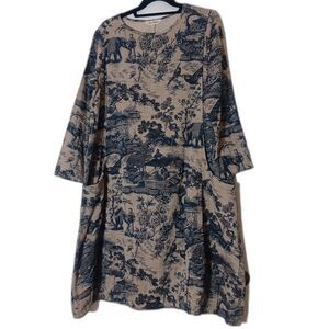 Boykud Vtg Tunic Dress M Japanese Porcelain Print Casual Loose Floral Scenic